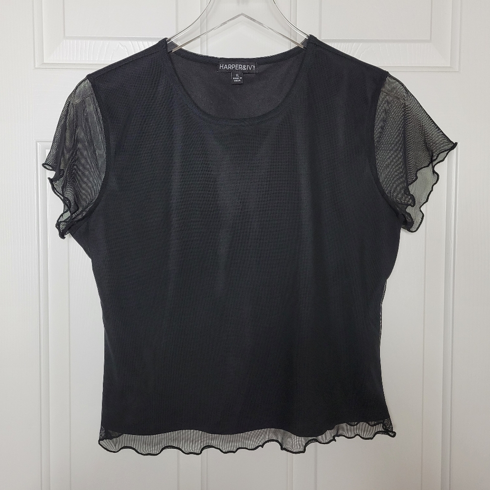 Harper & Ivy XL Juniors Black Mesh Top Short Sleeves Lettuce Hem